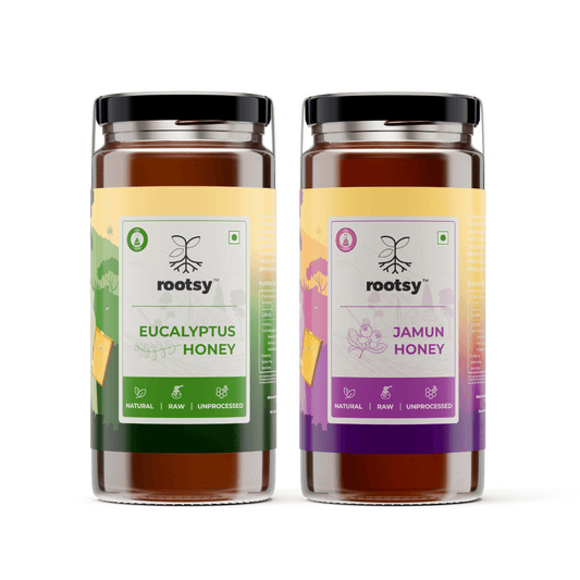 Rootsy Raw Eucalyptus Honey and Jamun Honey Pack of 2 (500 g Each)