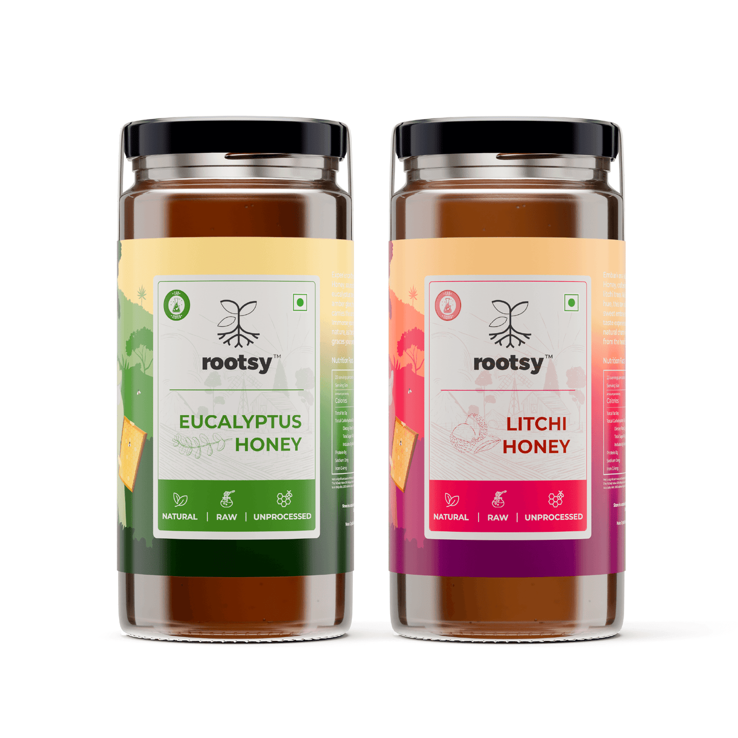 Rootsy Raw Eucalyptus Honey and Litchi Honey Pack of 2 (500g Each)