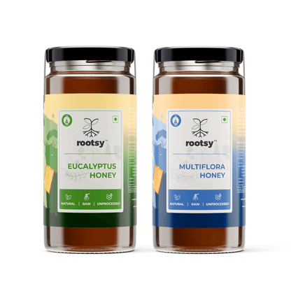 Rootsy Raw Eucalyptus Honey and Multiflora Honey Pack of 2 (500g Each)
