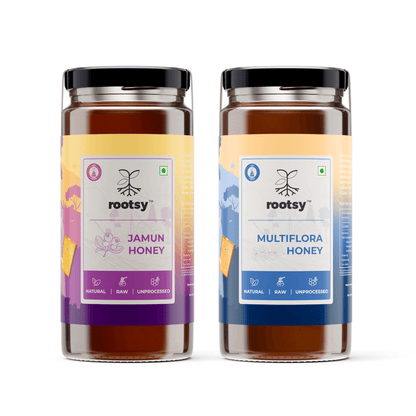 Rootsy Raw Multiflora Honey and Jamun Honey Pack of 2 (500g Each)