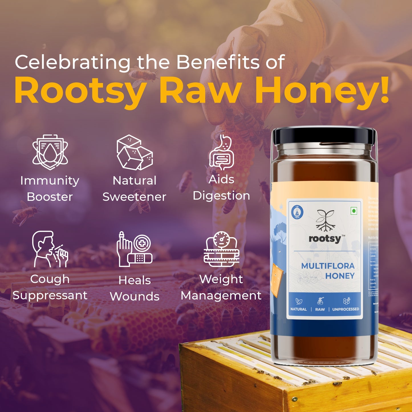 Rootsy Raw Multiflora Honey Pack of 2 (500g Each)